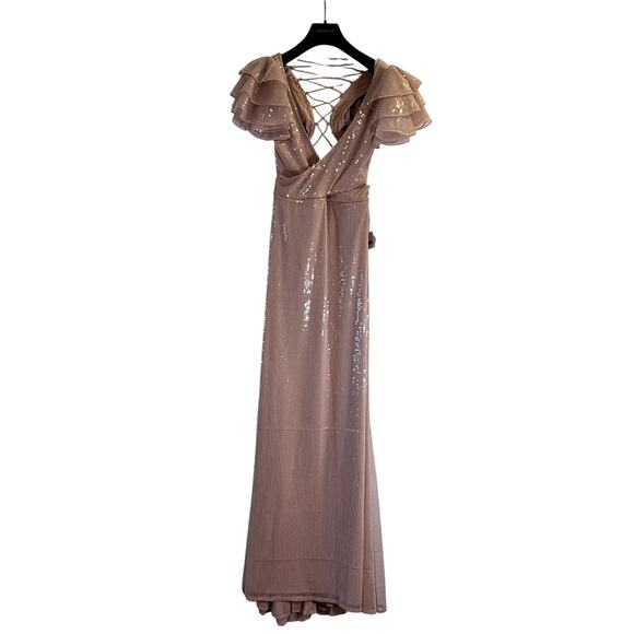 Mac Duggal Sequined Ruffled Cut Out Lace Up Gown In Rose Pink 10829 Size 12 - Picture 2 of 5